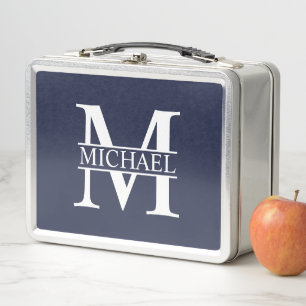 Navy Blue Personalized Monogram and Name Metal Lunch Box