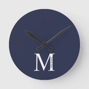 Navy Blue Personalized Monogram and Name Round Clock