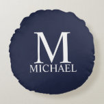 Navy Blue Personalized Monogram and Name Round Pillow<br><div class="desc">Personalized Monogram and Name Gift
features personalized monogram and name in white classic serif font style on navy blue background.
Perfect as holiday gift, family reunion favours, housewarming gift, wedding gift and gift for any special occasions.</div>