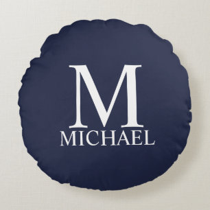 Navy Blue Personalized Monogram and Name Round Pillow