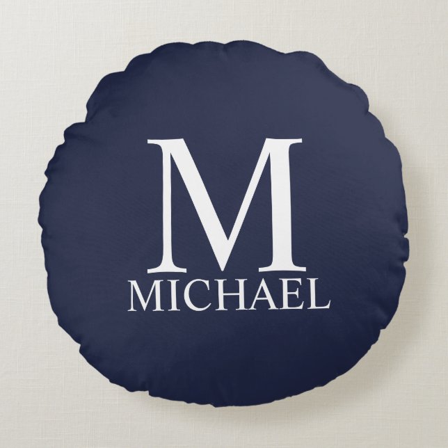 Navy Blue Personalized Monogram and Name Round Pillow (Front)