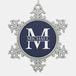 Navy Blue Personalized Monogram and Name Snowflake Pewter Christmas Ornament
