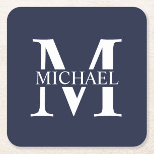 Navy Blue Personalized Monogram and Name Square Paper Coaster