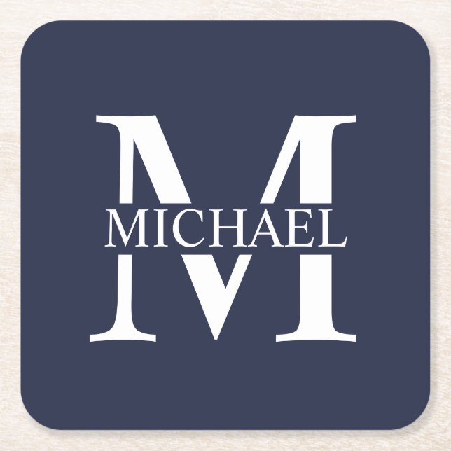 Navy Blue Personalized Monogram and Name Square Paper Coaster (Front)