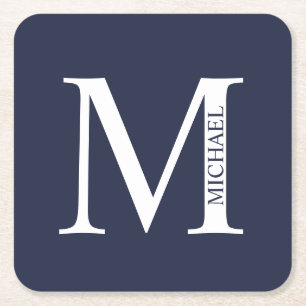 Navy Blue Personalized Monogram and Name Square Paper Coaster
