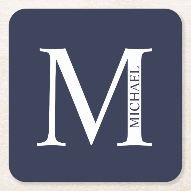 Navy Blue Personalized Monogram and Name Square Paper Coaster (Front)
