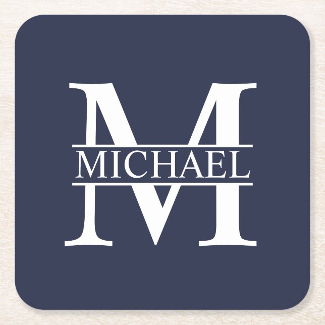 Navy Blue Personalized Monogram and Name Square Paper Coaster (Front)