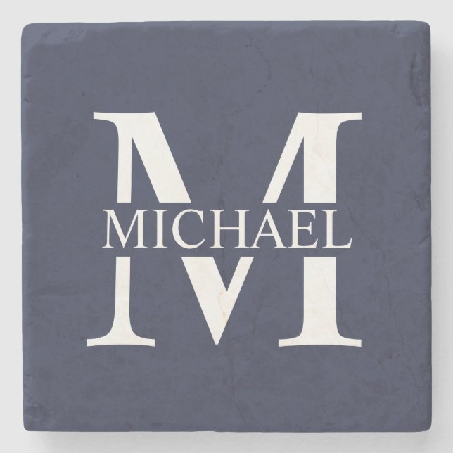 Navy Blue Personalized Monogram and Name Stone Coaster (Front)