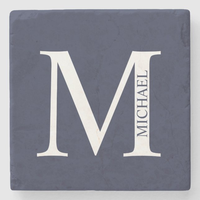 Navy Blue Personalized Monogram and Name  Stone Coaster (Front)
