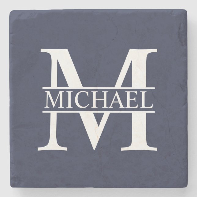 Navy Blue Personalized Monogram and Name Stone Coaster (Front)