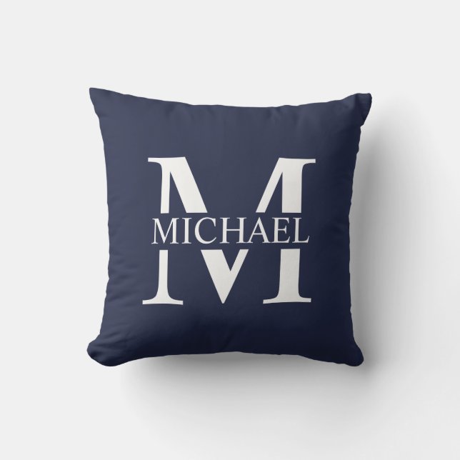 Navy Blue Personalized Monogram and Name Throw Pillow (Front)