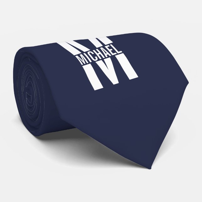 Navy Blue Personalized Monogram and Name Tie (Rolled)