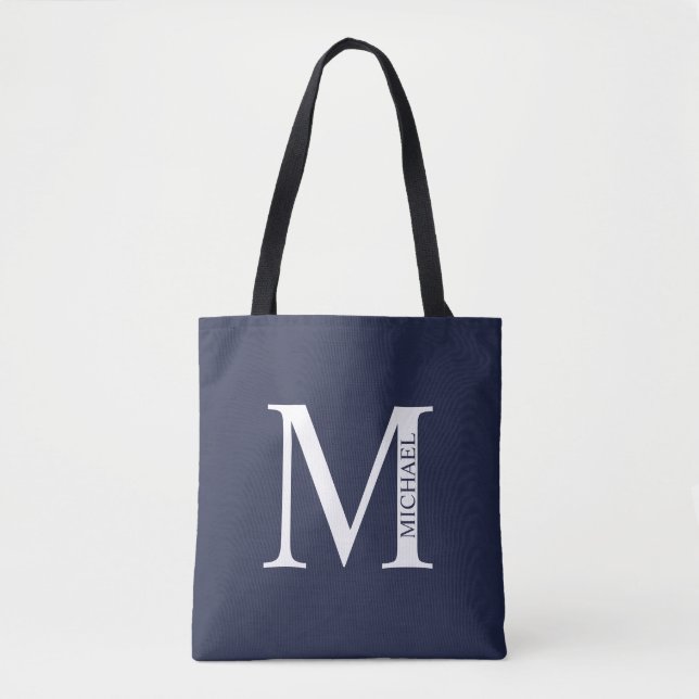 Navy Blue Personalized Monogram and Name Tote Bag (Front)