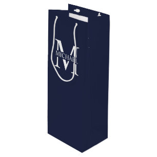 Navy Blue Personalized Monogram and Name Wine Gift Bag