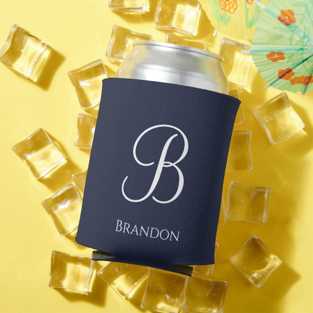 Navy Blue Personalized Name and Monogram Can Cooler (In Situ Summer)