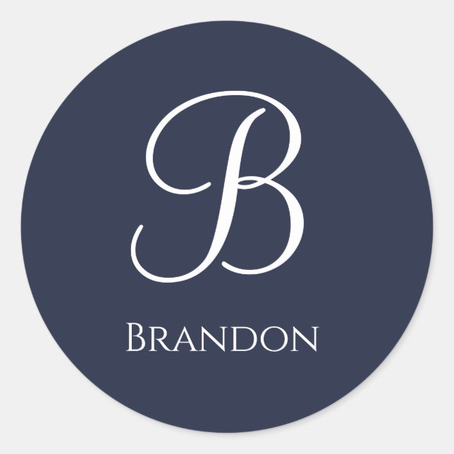 Navy Blue Personalized Name and Monogram Classic Round Sticker (Front)