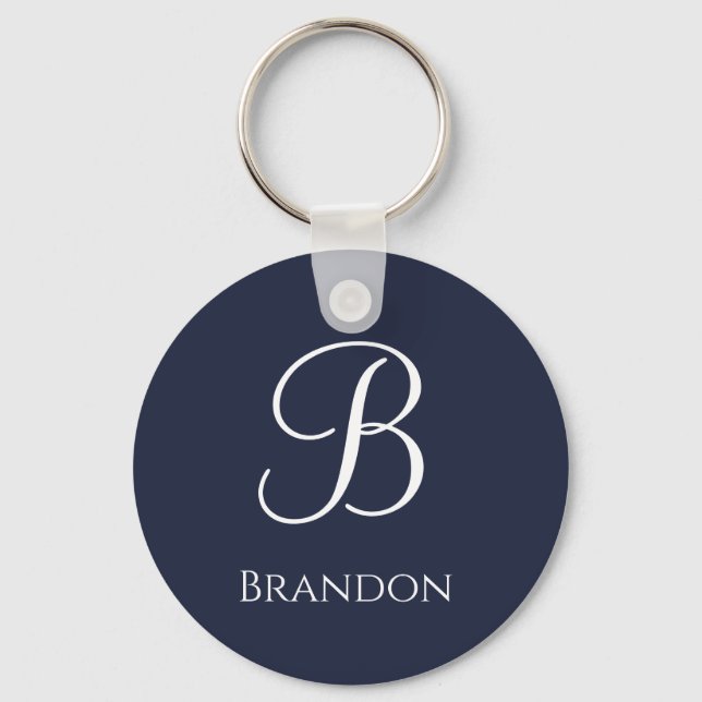 Navy Blue Personalized Name and Monogram Keychain (Front)