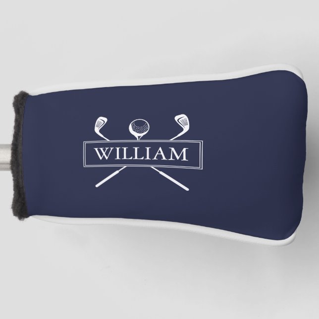 Navy Blue Personalized Name Clubs And Ball Golf Head Cover (Front)