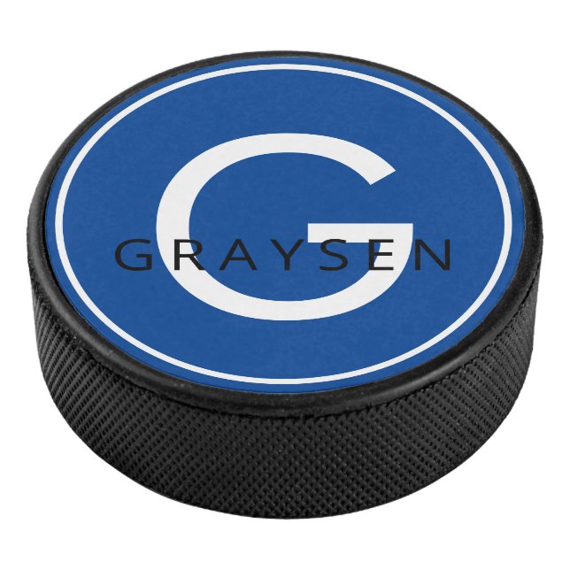 Navy Blue Personalized Name & Initial Letter Hockey Puck (3/4)