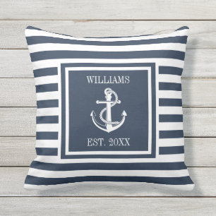 Navy Blue Personalized Name Stripe Nautical Anchor Outdoor Pillow
