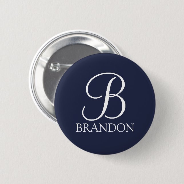 Navy Blue Personalized Script Monogram and Name 2 Inch Round Button (Front & Back)