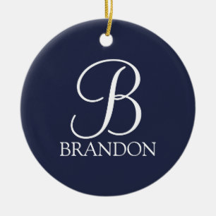 Navy Blue Personalized Script Monogram and Name Ceramic Ornament