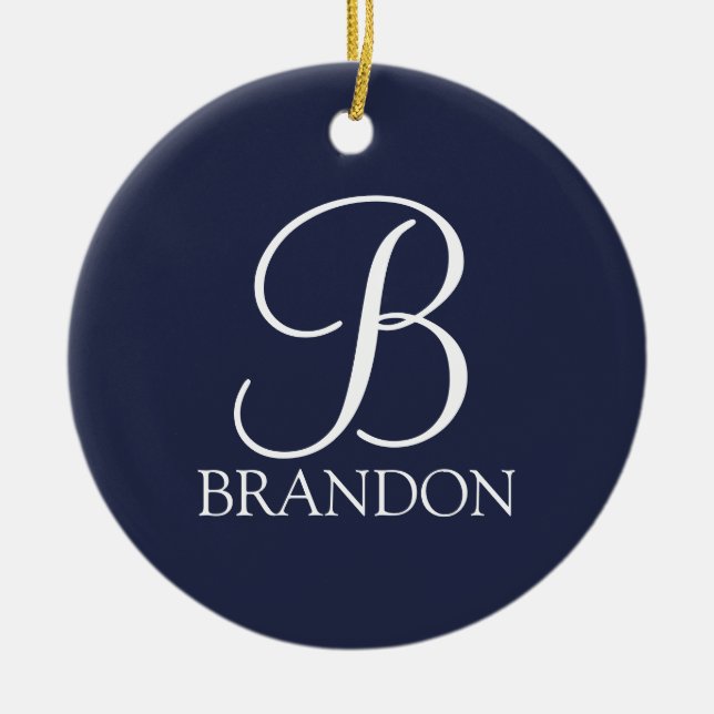 Navy Blue Personalized Script Monogram and Name Ceramic Ornament (Front)