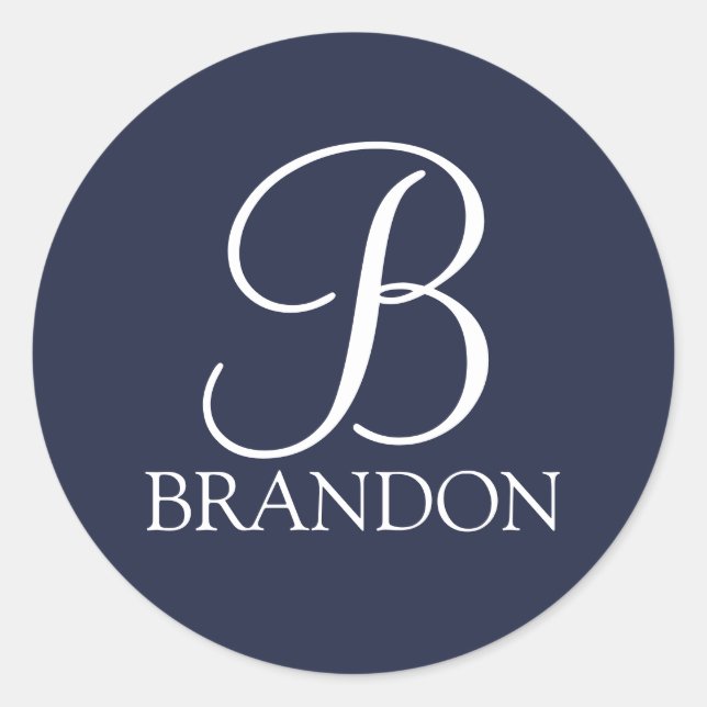 Navy Blue Personalized Script Monogram and Name Classic Round Sticker (Front)