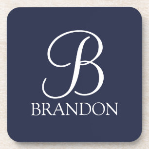 Navy Blue Personalized Script Monogram and Name Coaster