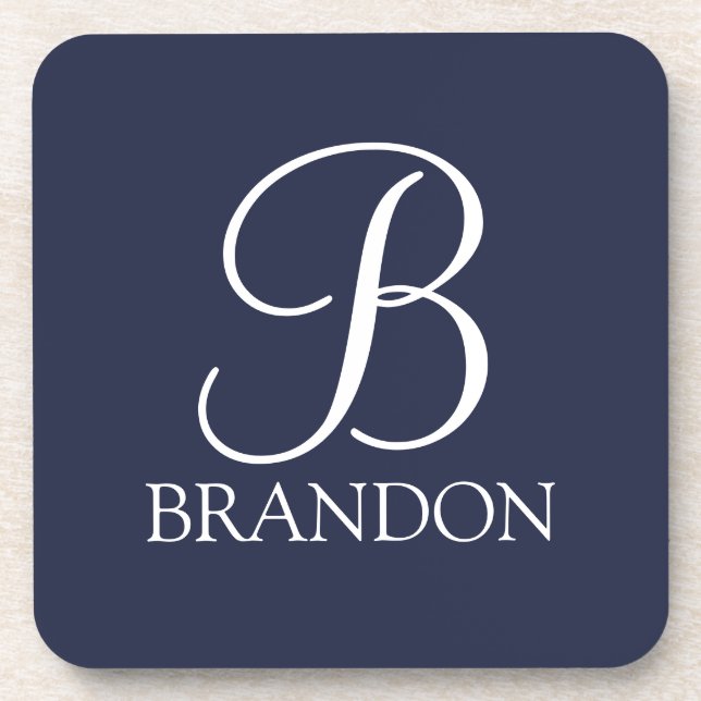 Navy Blue Personalized Script Monogram and Name Coaster (Front)