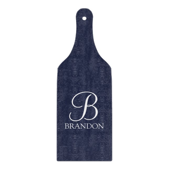 Navy Blue Personalized Script Monogram and Name Cutting Board (Front)