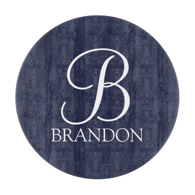 Navy Blue Personalized Script Monogram and Name Cutting Board (Front)
