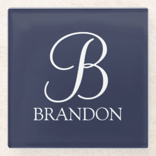 Navy Blue Personalized Script Monogram and Name Glass Coaster