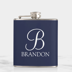Navy Blue Personalized Script Monogram and Name Hip Flask