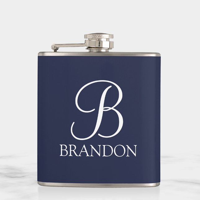 Navy Blue Personalized Script Monogram and Name Hip Flask (Creator Uploaded)