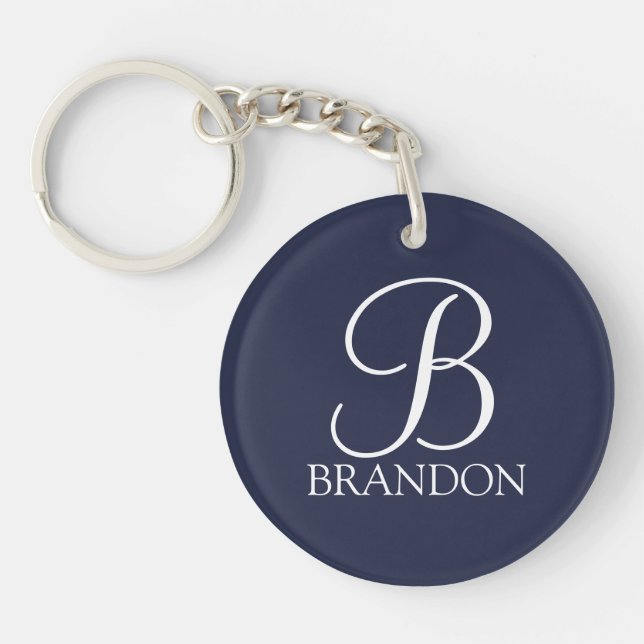 Navy Blue Personalized Script Monogram and Name Keychain (Front)