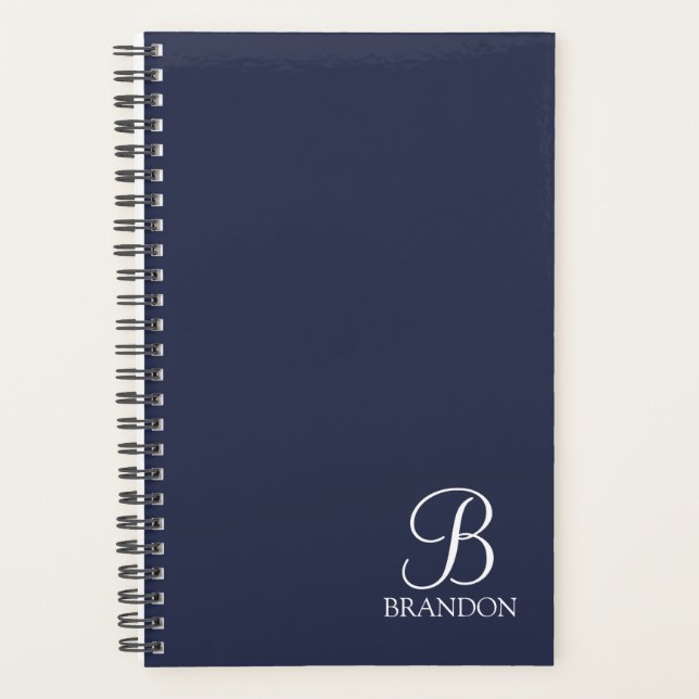 Navy Blue Personalized Script Monogram and Name Planner (Front)