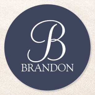 Navy Blue Personalized Script Monogram and Name Round Paper Coaster