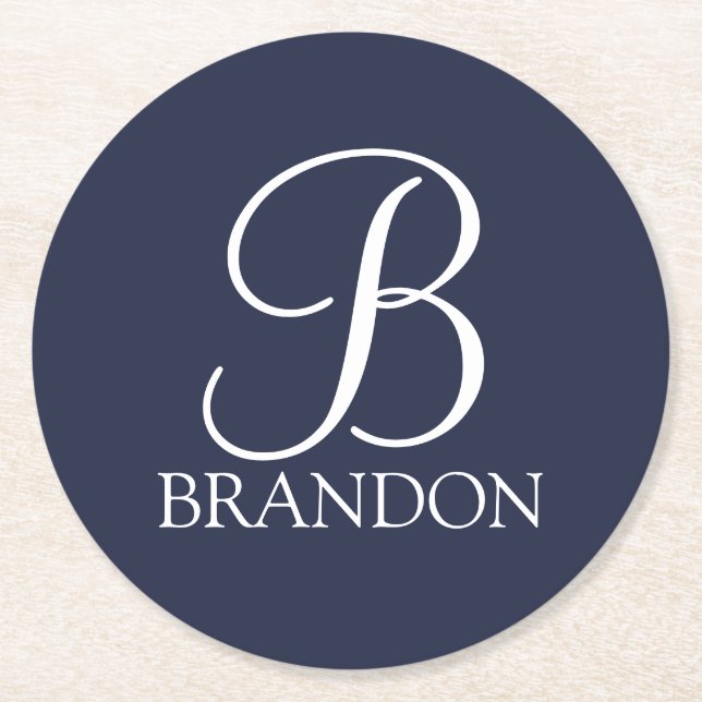 Navy Blue  Personalized Script Monogram and Name Round Paper Coaster (Front)