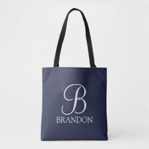 Navy Blue Personalized Script Monogram and Name Tote Bag