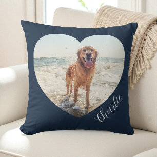 Navy Blue Pet Heart Photo Script Personalized Dog Throw Pillow