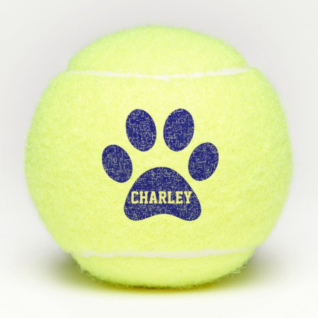 Navy Blue Pet Paw Print Personalized Name Toy Tennis Balls (Front)