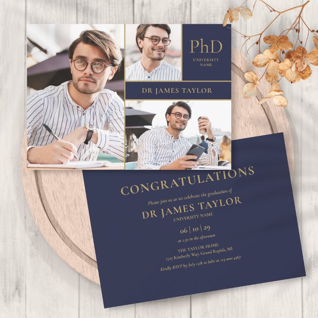 Navy Blue PhD Degree 3 Photo Graduation Party Invitation (Creator Uploaded)