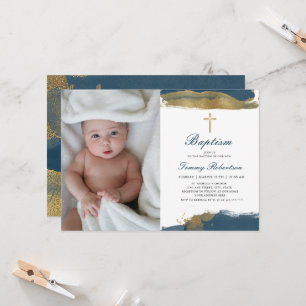 Navy Blue Photo   Baptism Boy Golden Invitation