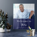 Navy blue photo birthday welcome tapestry<br><div class="desc">A tapestry for a 40th (or any age) birthday party for guys. A classic navy blue background. Personalize and add your own high quality photo of the birthday boy/man. The text: The name is white with a modern hand lettered style script. Tempates for a name, age and a date. Can...</div>