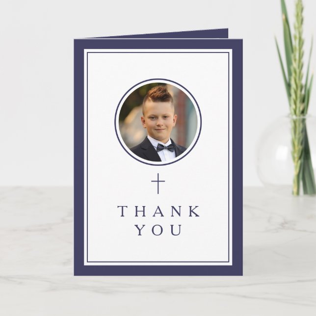 Navy Blue Photo Boy First Communion Thank You Card (Front)