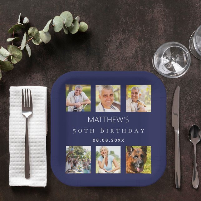 Navy blue photo collage birthday party paper plate (Creator Uploaded)