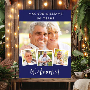 Navy blue photo collage birthday party welcome poster