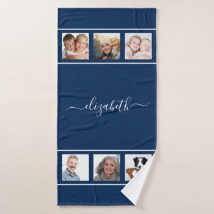 Navy blue photo collage monogram script bath towel