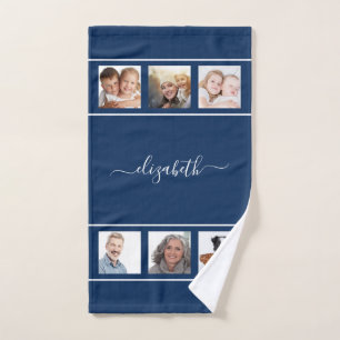 Navy blue photo collage monogram script hand towel